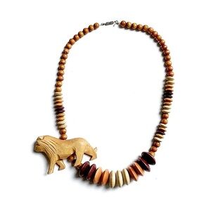 Vintage Hand Carved Lion Exotic Wood Beaded Safari Statement Necklace
